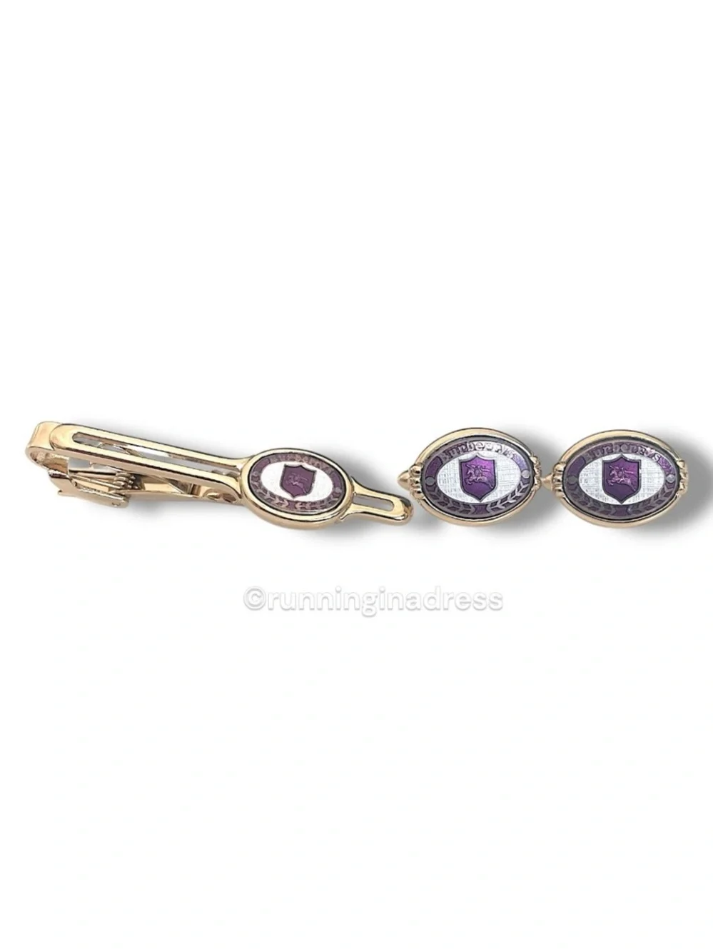 VTG Burberrys Gold Purple Nova Check Equestrian Knight Enamel Cufflink Bar Set